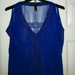 Royal blue sheer top with gorgeous beaded design!