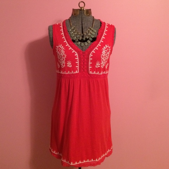 Coral & White Embroidered Dress