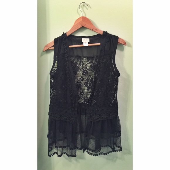 Black Crochet Vest with a Swiss Dot Peplum Mesh