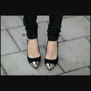 Black Silver Cap Toe Pumps size 8.5