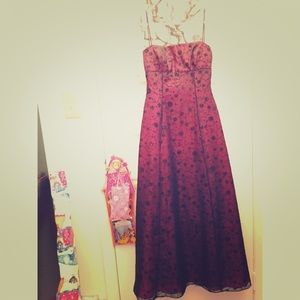 Burgundy Spaghetti Strap Dress with Black Flowers