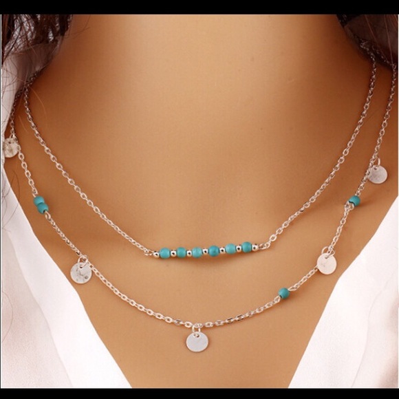 Silver blue lariat multi layer necklacece