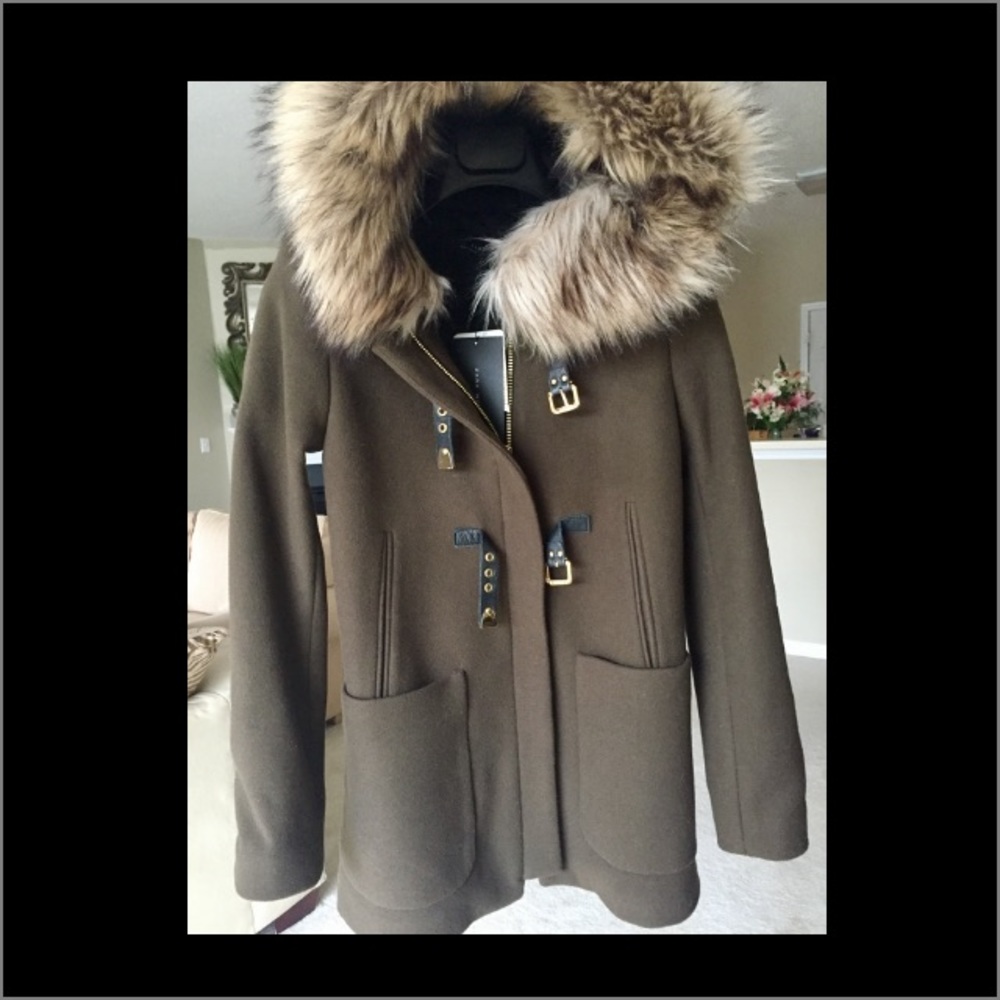 Zara Khaki Duffle Coat with Fur Trimmed Hood - Picture 4 of 4