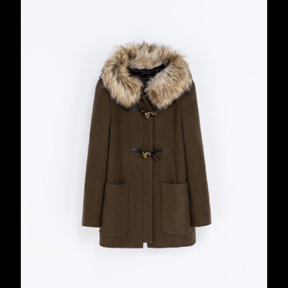 Zara | Jackets & Coats | Zara Khaki Duffle Coat With Fur Trimmed Hood ...