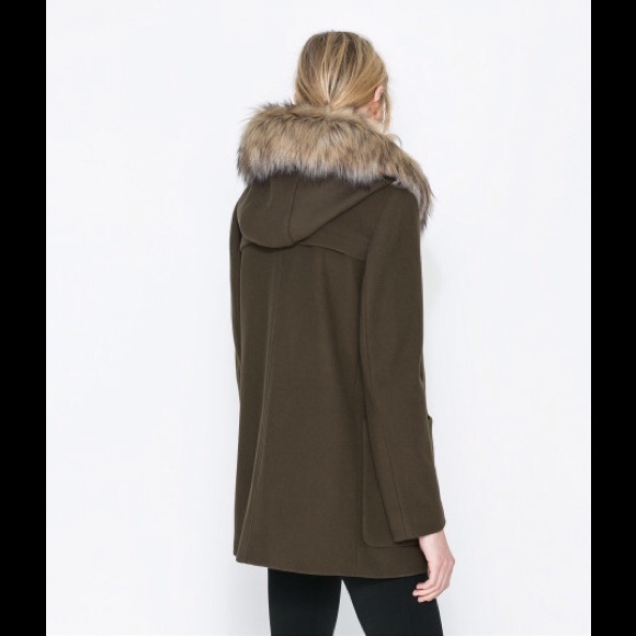 Zara Khaki Duffle Coat with Fur Trimmed Hood - Picture 3 of 4