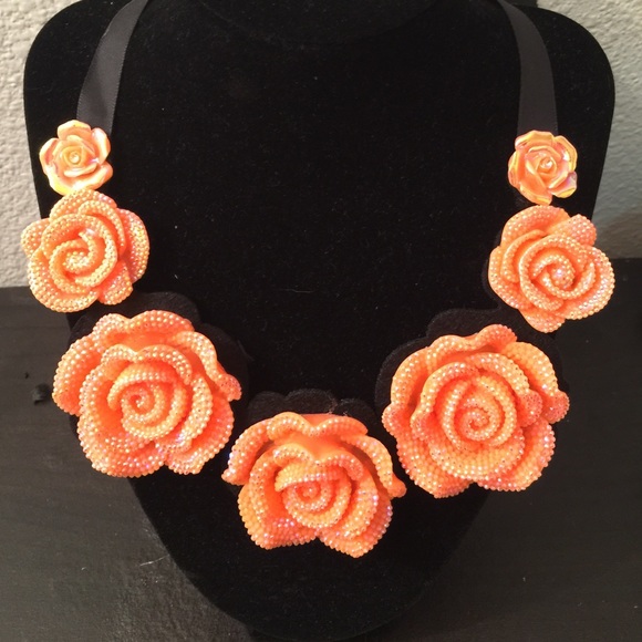 Jewelry - Orange Ribbon Shimmery Flower Necklace
