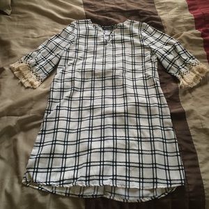 White and Black Crosshatched Shift Dress