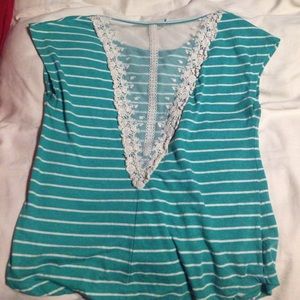 Striped teal top with lace cutout