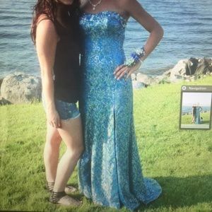 Blue ball dress with gold and silver detail