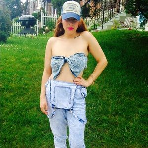 Denim blue distressed bow bandeau