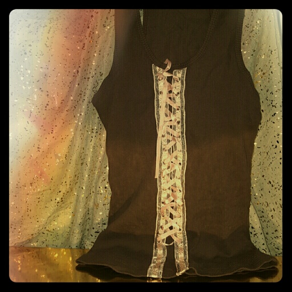 Brown wife beater with pink lace up in front