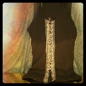 Brown wife beater with pink lace up in front