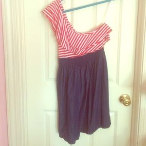 Event dress. One shoulder ruffled top with denim.