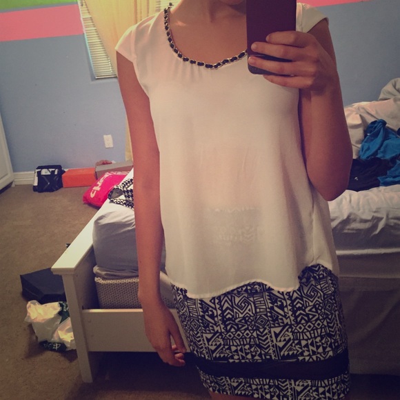 Dressy white top with leather/gold neckline