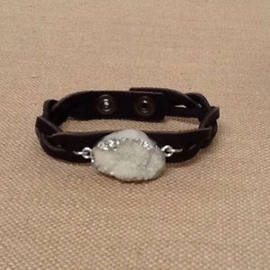 Black Leather Bracelet with White Druzy