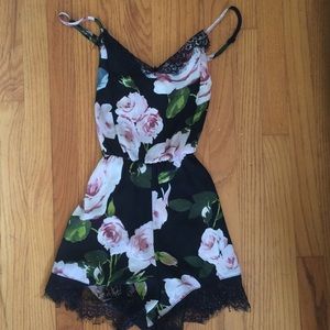 Black and Pink Floral Lace Romper
