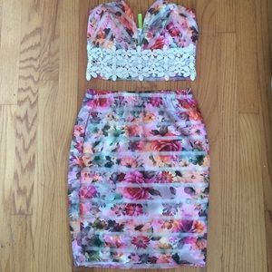 Floral Plunge Top and Matching Midi Skirt