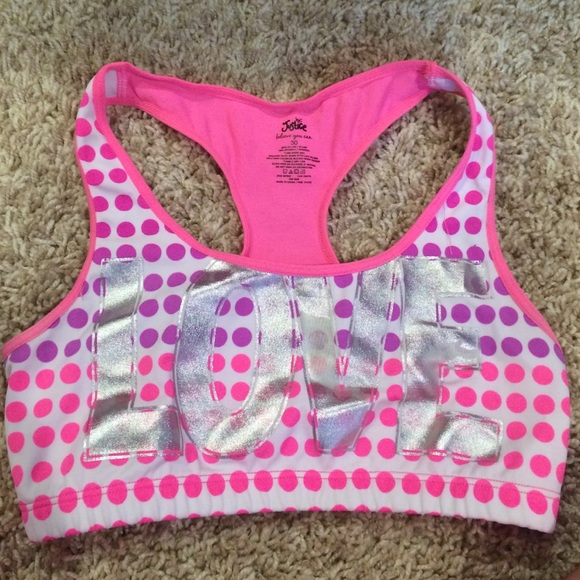 Pink and purple dot "LOVE" white sports bra