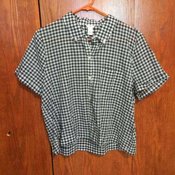 Navy and white plaid short sleeve button up