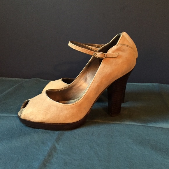 BCBG suede ankle strap platform heels