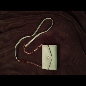 Turquoise purse with pink inside