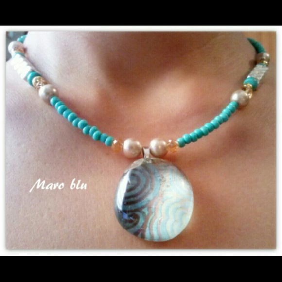 Unique Handmade Gold-Turquoise Glass Pendant