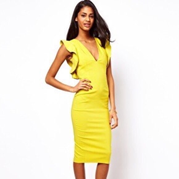 Asos Chartreuse Midi Dress with Ruffled Sleeves!