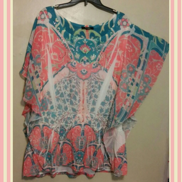 Pretty peach turquoise silky rhinestone  blouse