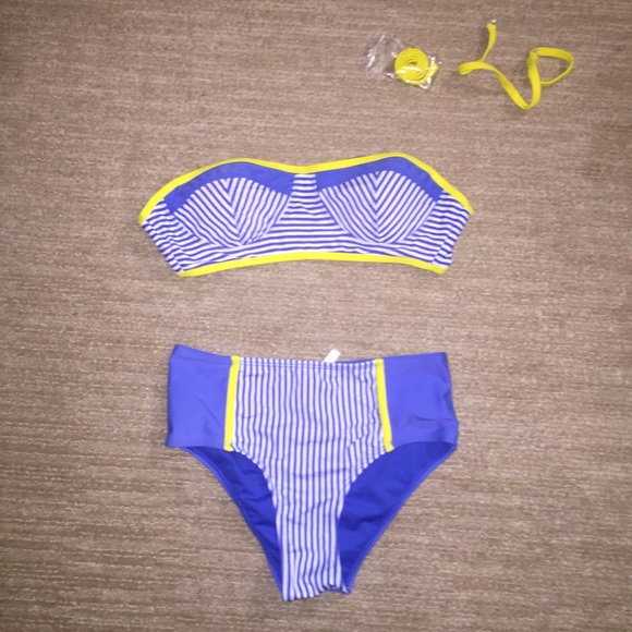 SOLD‼️Blue & Yellow High Waisted pinstripe swimsui