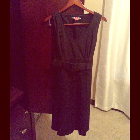 Black Belted V Neck Dress
