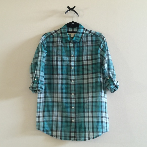 Michael Kors silk plaid button down shirt in aqua