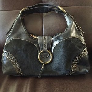 Black ponyhair purse w/brass hardware