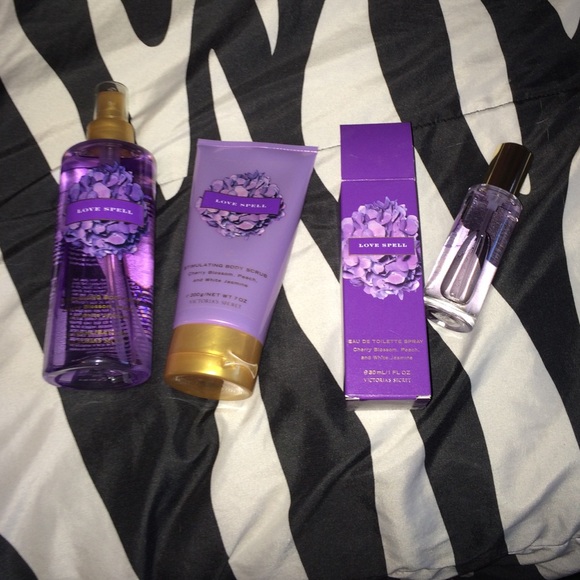 Love spell body mist, body scrub, and perfume.