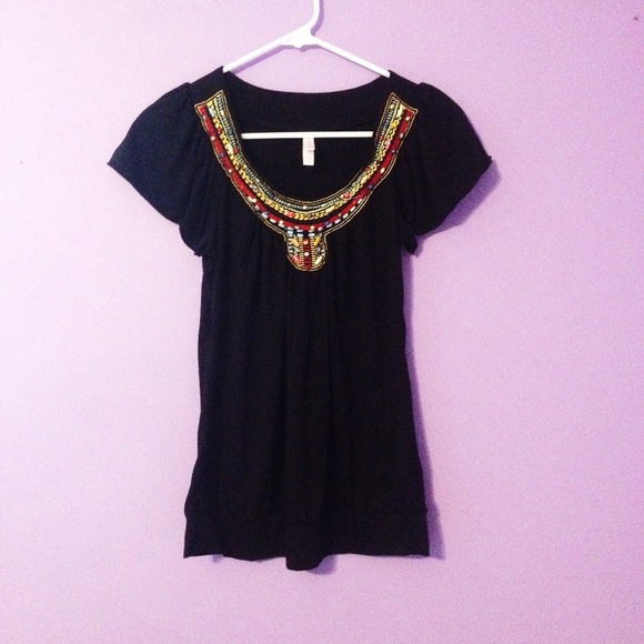 Colorful beaded pattern black top