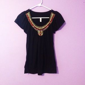 Colorful beaded pattern black top