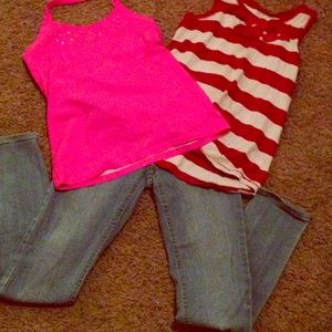 2 shirts and 1 pair of jeggings