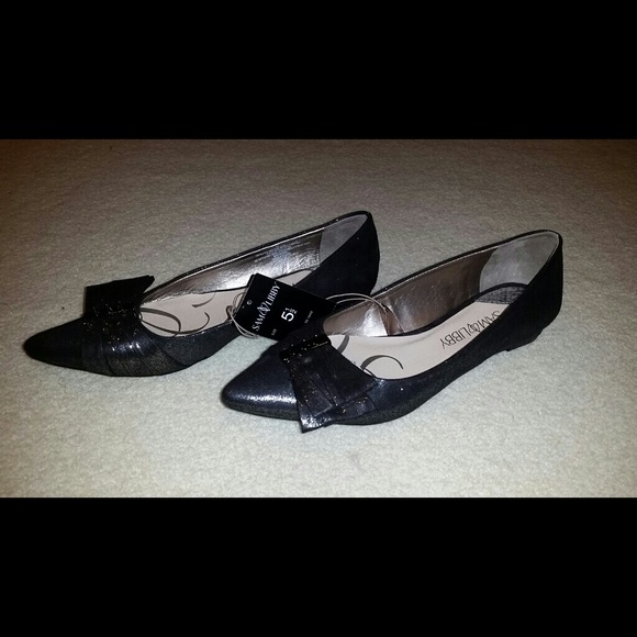 Sam & Libby Black Silver Sparkle Wedge Bow Flat
