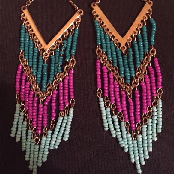 Teal & Magenta bead earrings - boho style