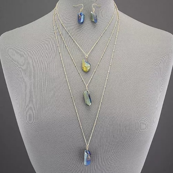 Gold Layered Bohemian Blue Stone Necklace Set