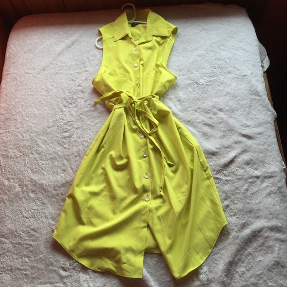 Really bright yellow/green button and belted dress