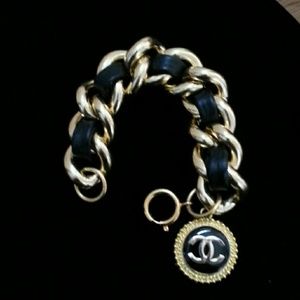 Re purposed Chanel Button Leather  Chain Bracelet