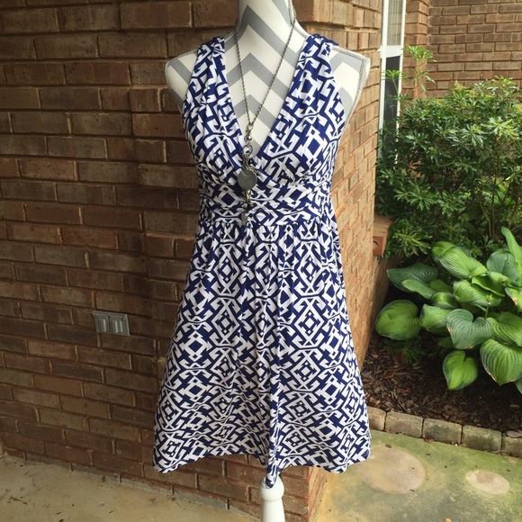 NWT Navy / White Print Crochet Back Dress Large