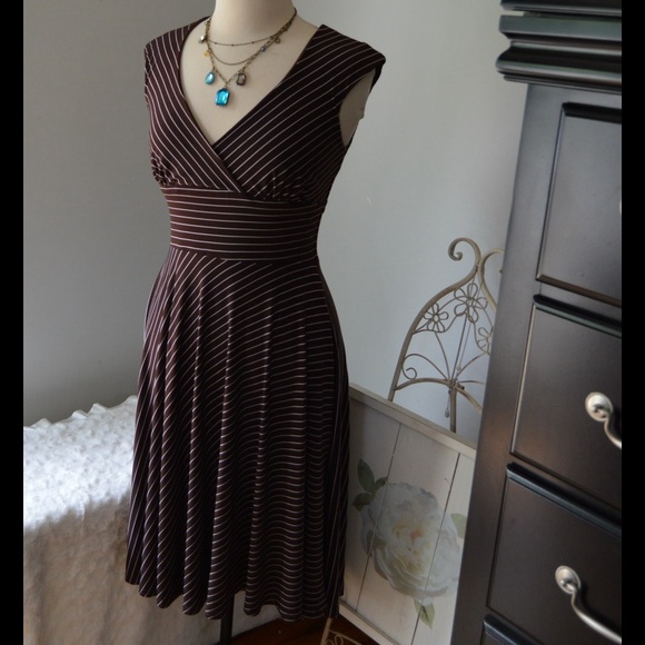 Brown Pinstripe Fitted Waist Flare Halter Dress - Picture 1 of 4