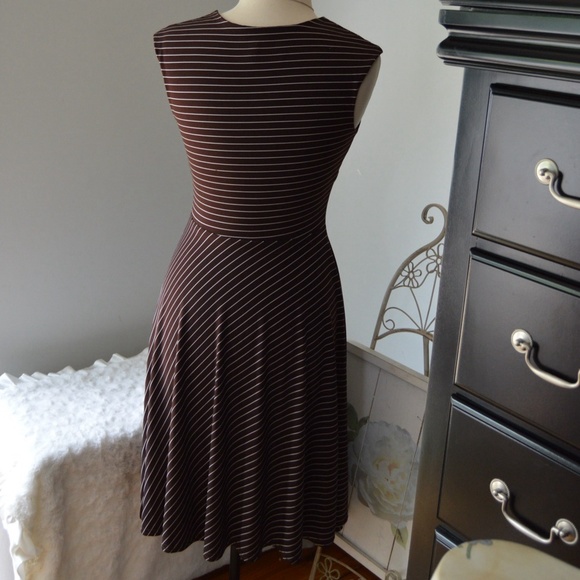 Brown Pinstripe Fitted Waist Flare Halter Dress - Picture 2 of 4