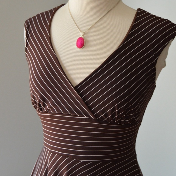 Brown Pinstripe Fitted Waist Flare Halter Dress - Picture 4 of 4