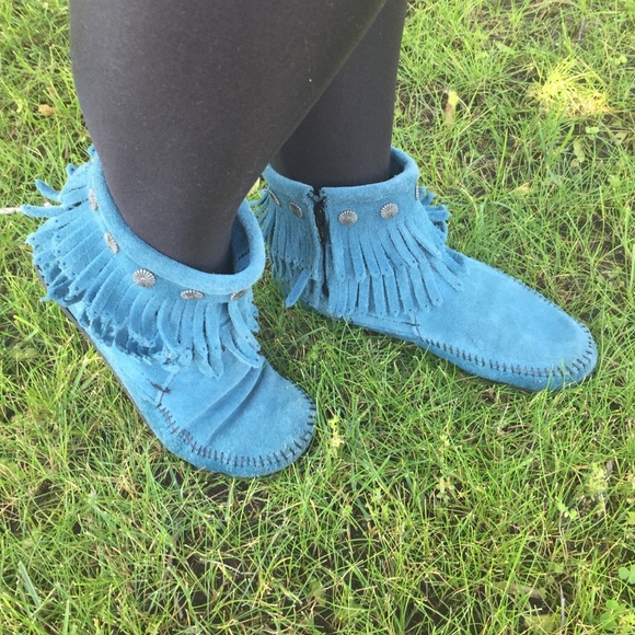 Blue suede Minnetonka moccasins