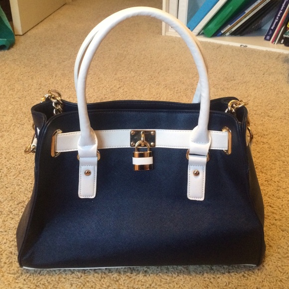 Navy blue and white purse