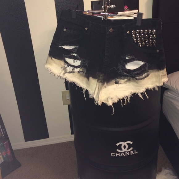 Distressed, Bleach, Studded Black Denim Shorts