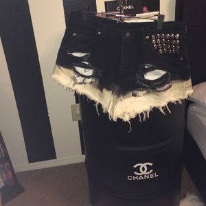 Distressed, Bleach, Studded Black Denim Shorts
