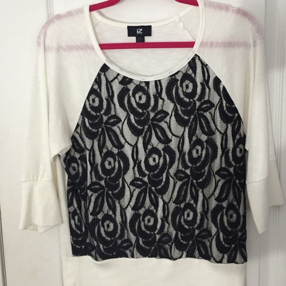 IZ BYER-White and black lace 3-quarter sleeve top